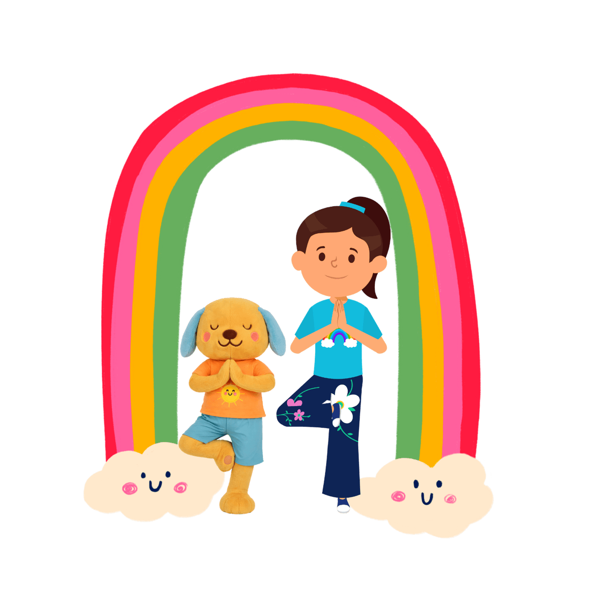 PuppyPalooza and girl doing yoga under a rainbow